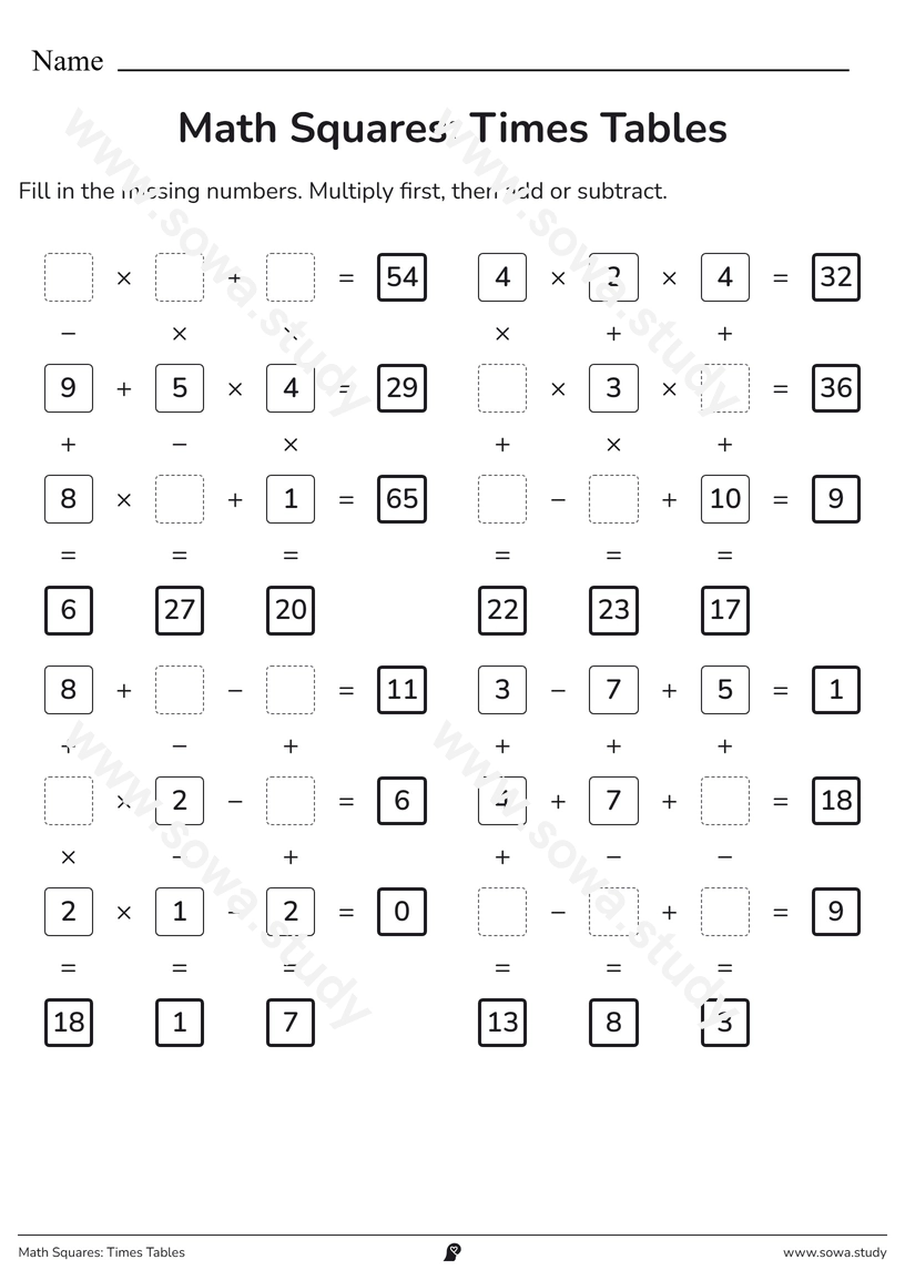 Math Squares: Times Tables – free printable worksheet