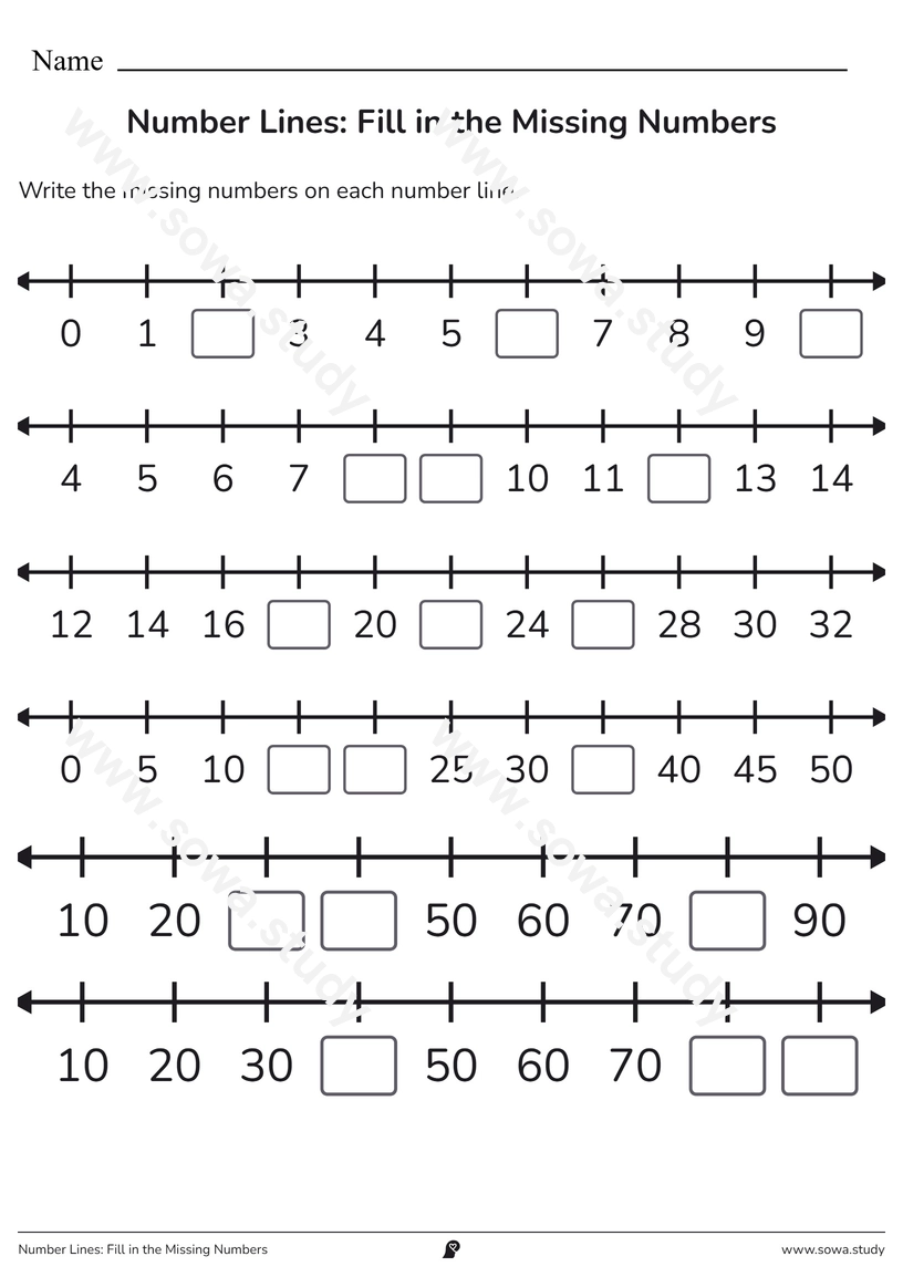 Number Lines: Fill in the Missing Numbers – free printable worksheet