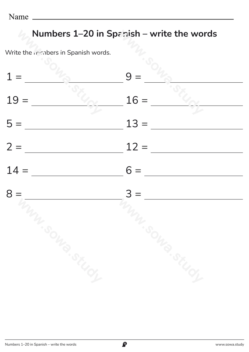 Numbers 1–20 in Spanish – write the words – free printable worksheet