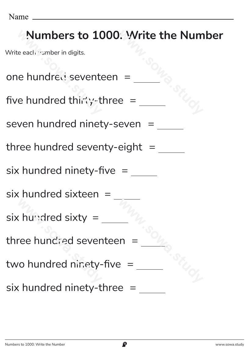 Numbers to 1000: Write the Number – free printable worksheet