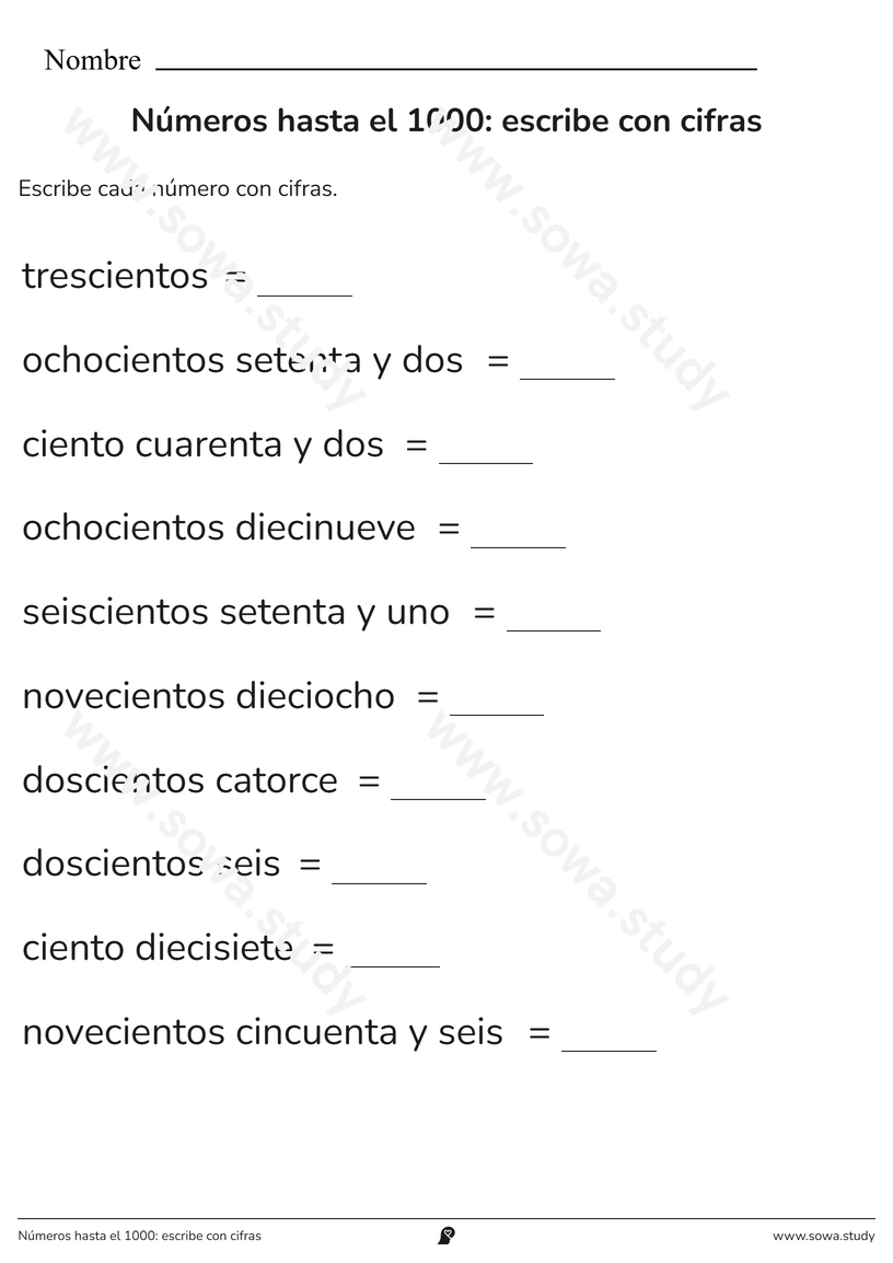 Números hasta el 1000: escribe con cifras – ficha imprimible gratis