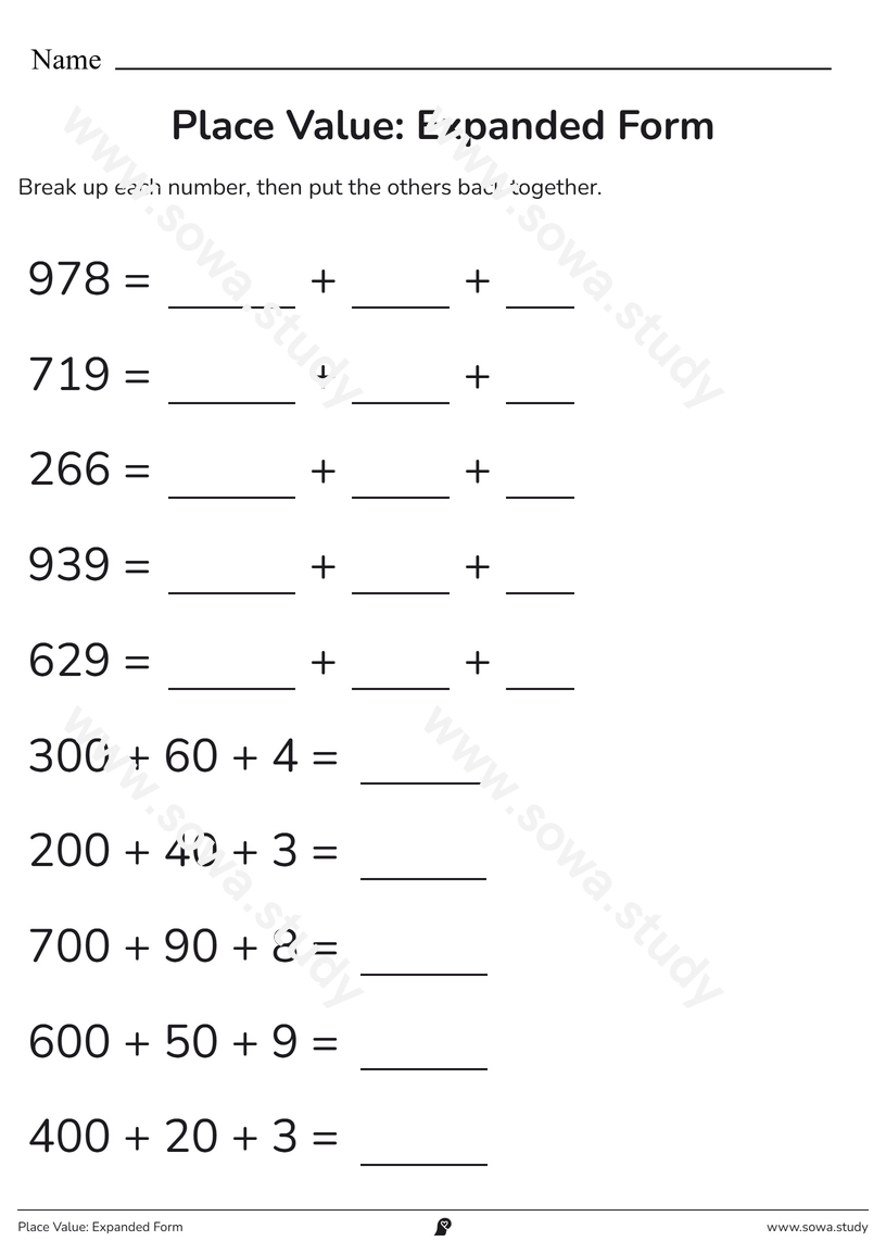 Place Value: Expanded Form – free printable worksheet