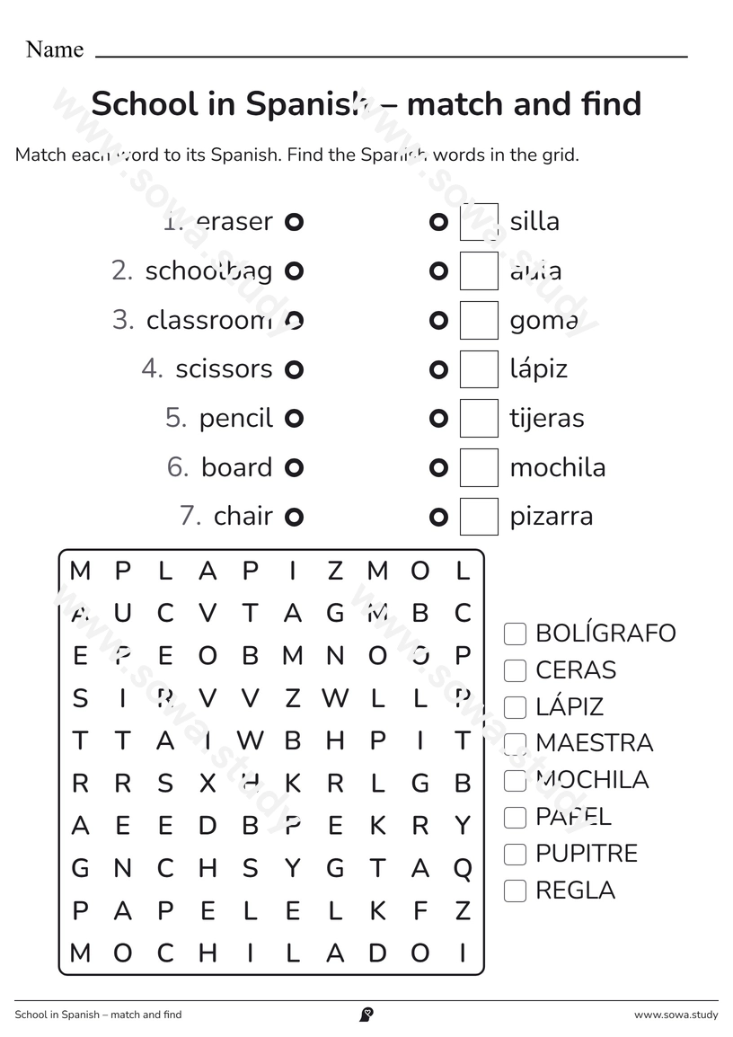 School in Spanish – match and find – printable worksheet