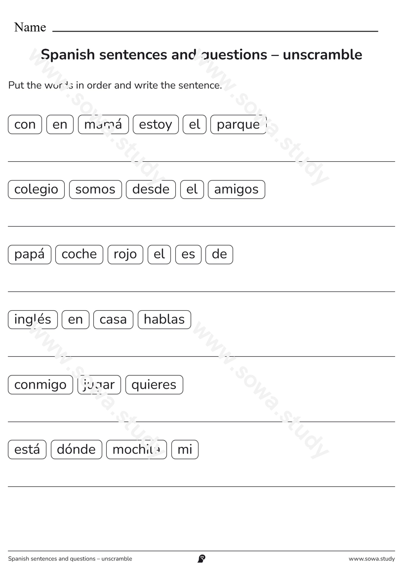 Spanish sentences and questions – unscramble – free printable worksheet