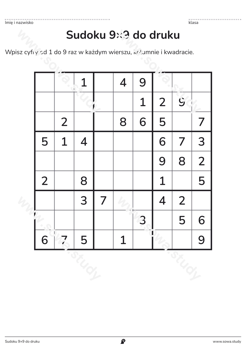 Sudoku 9×9 do druku – darmowa karta pracy do druku