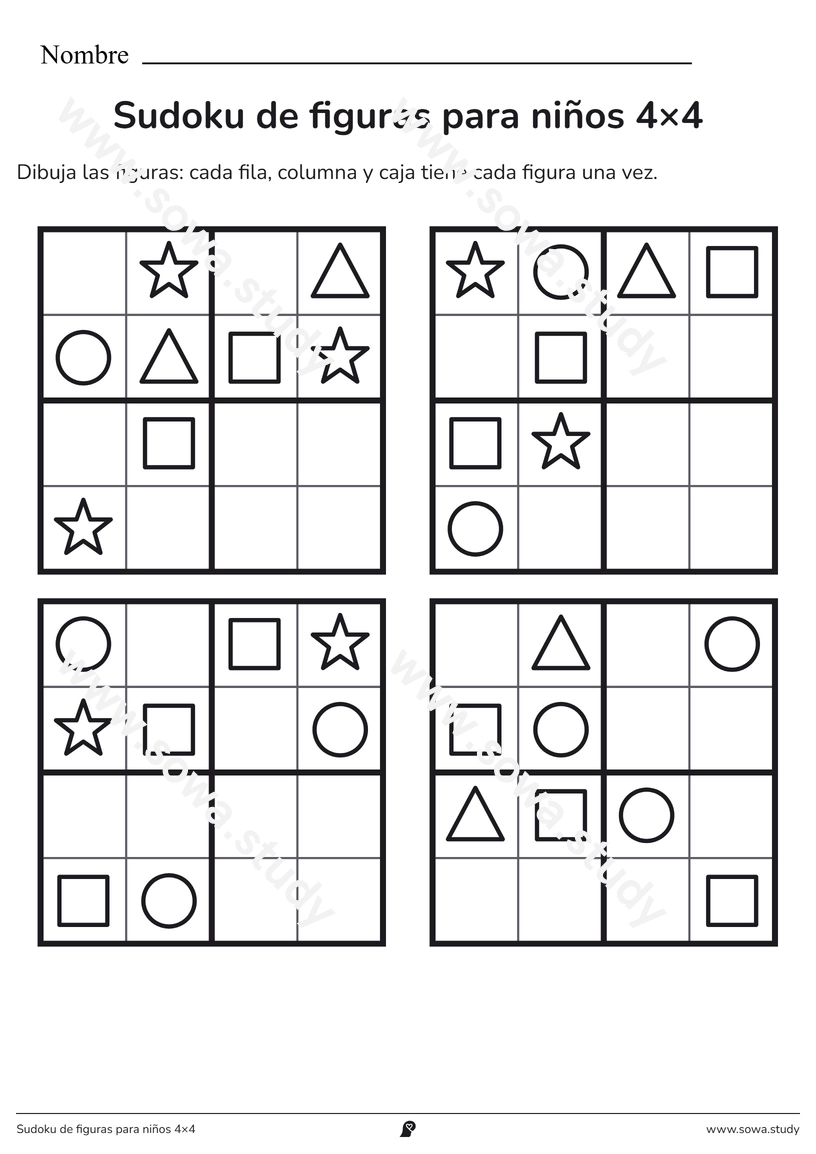 Sudoku de figuras para niños 4×4 – ficha para imprimir