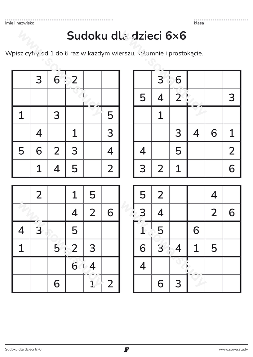 Sudoku dla dzieci 6×6 – karta pracy do druku