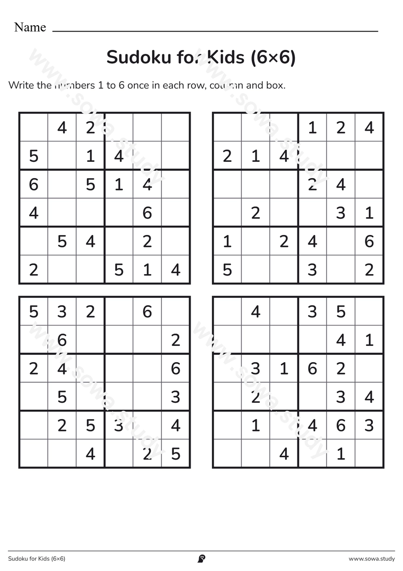 Sudoku for Kids (6×6) – printable worksheet