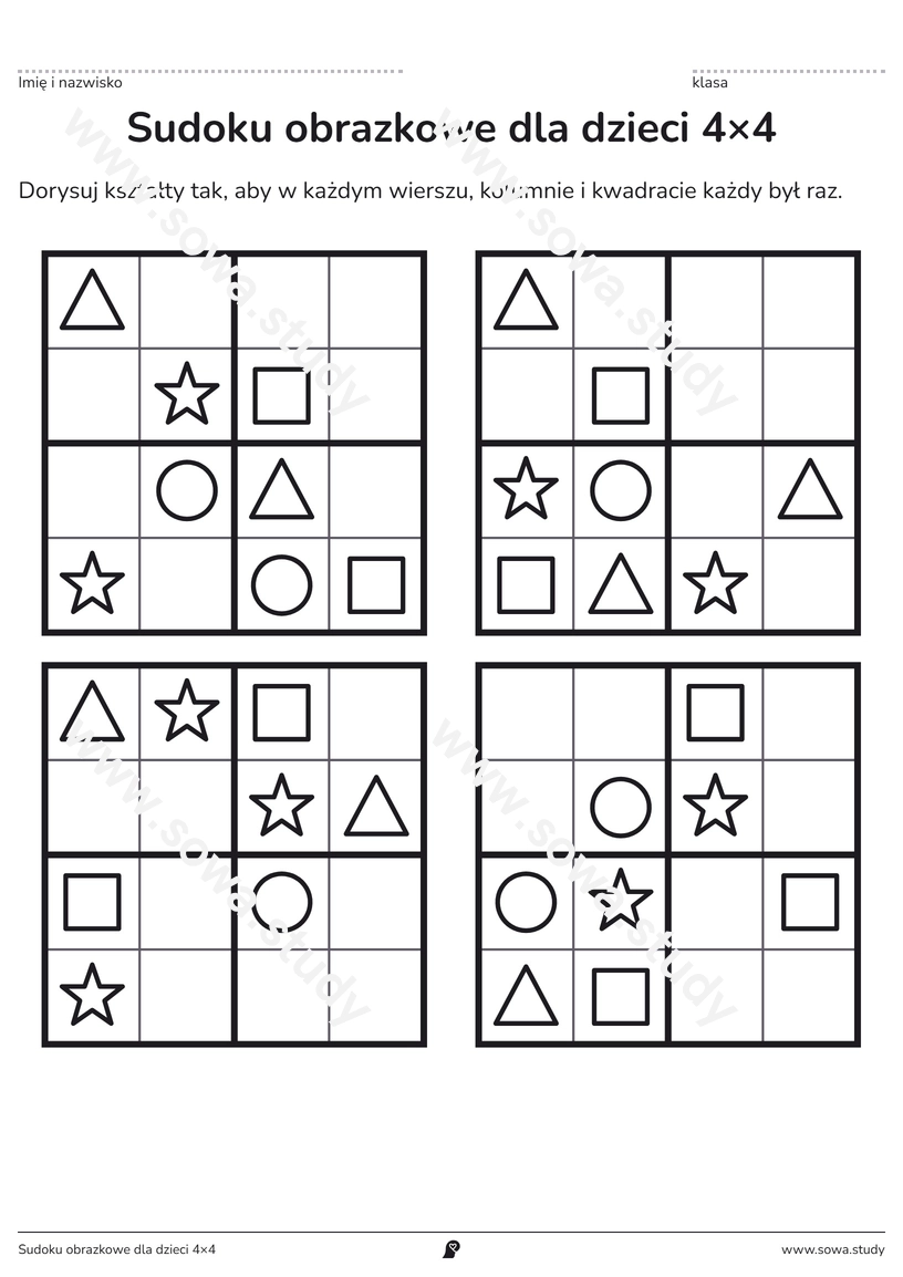 Sudoku obrazkowe dla dzieci 4×4 – karta pracy do druku