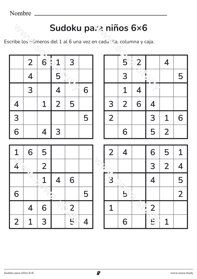 Sudoku para niños 6×6 – ficha para imprimir