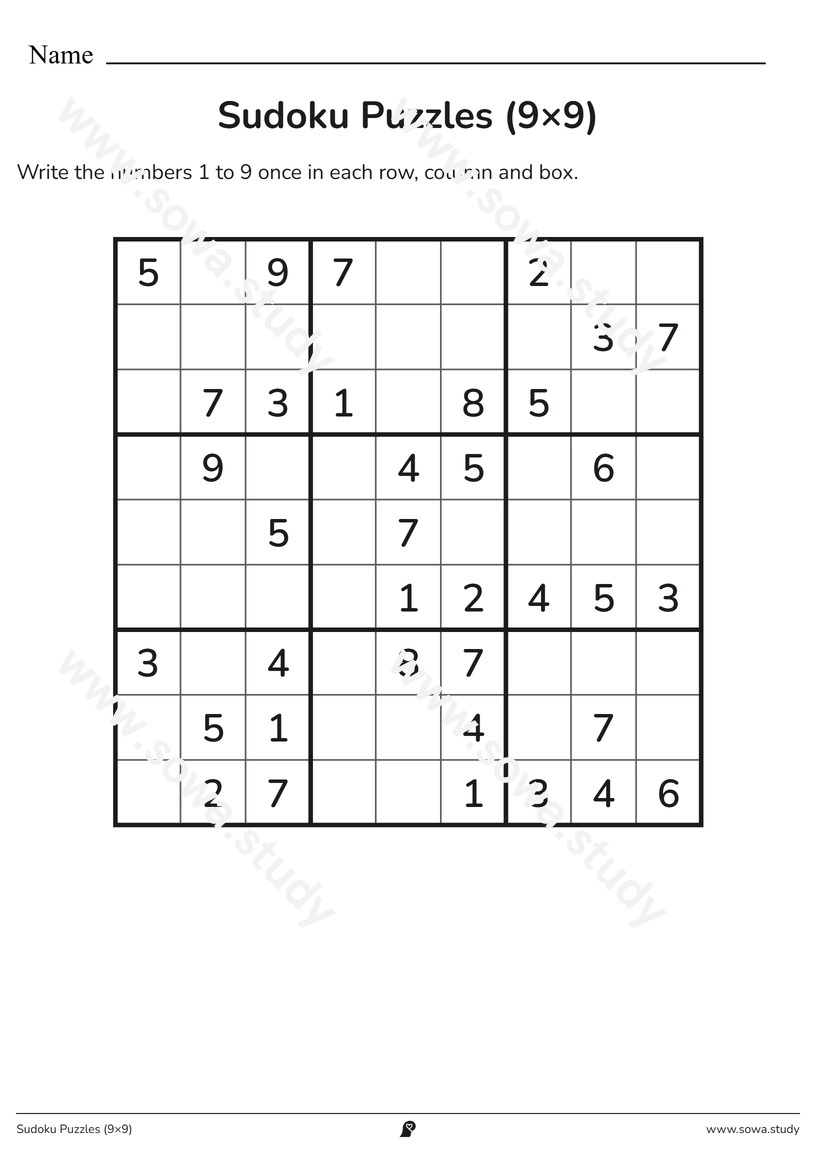 Sudoku Puzzles (9×9) – free printable worksheet
