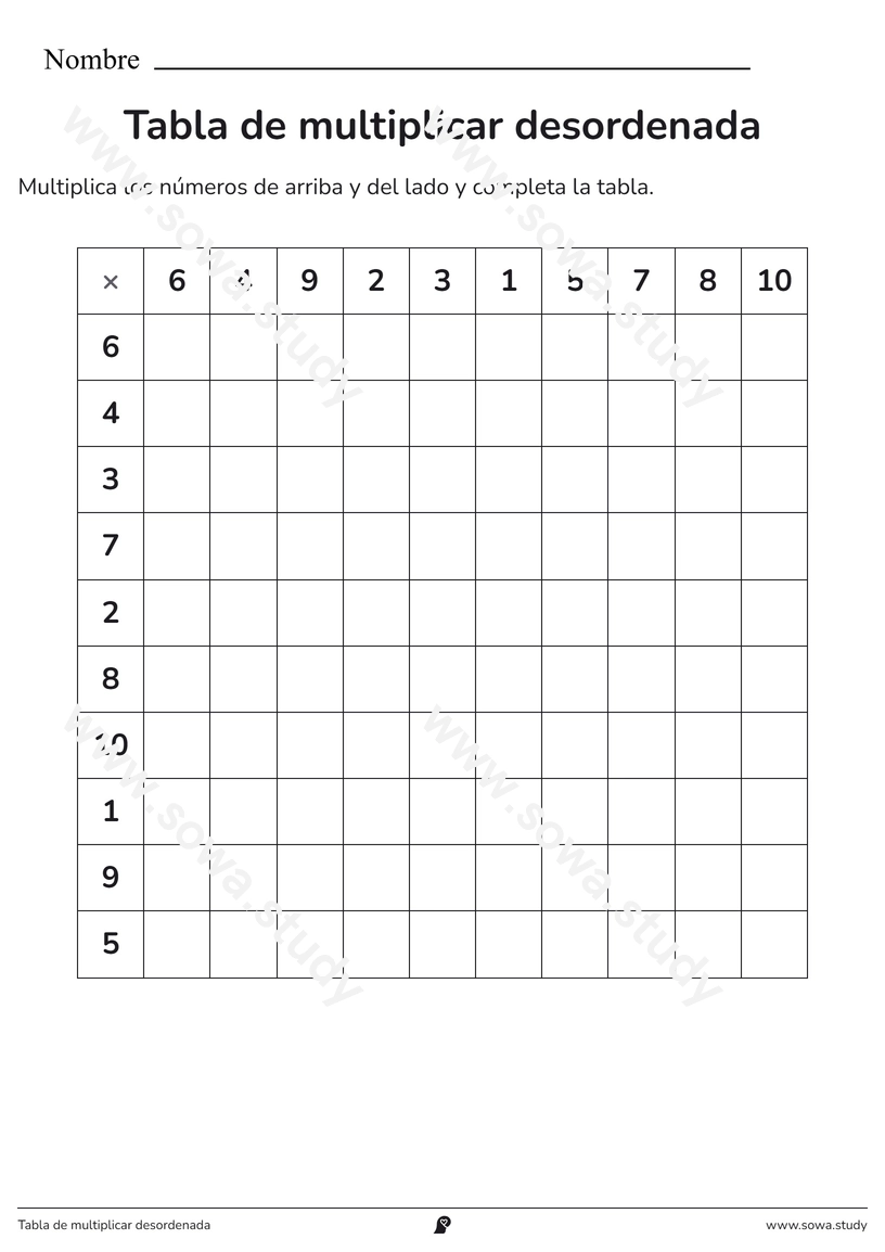 Tabla de multiplicar desordenada – ficha imprimible gratis