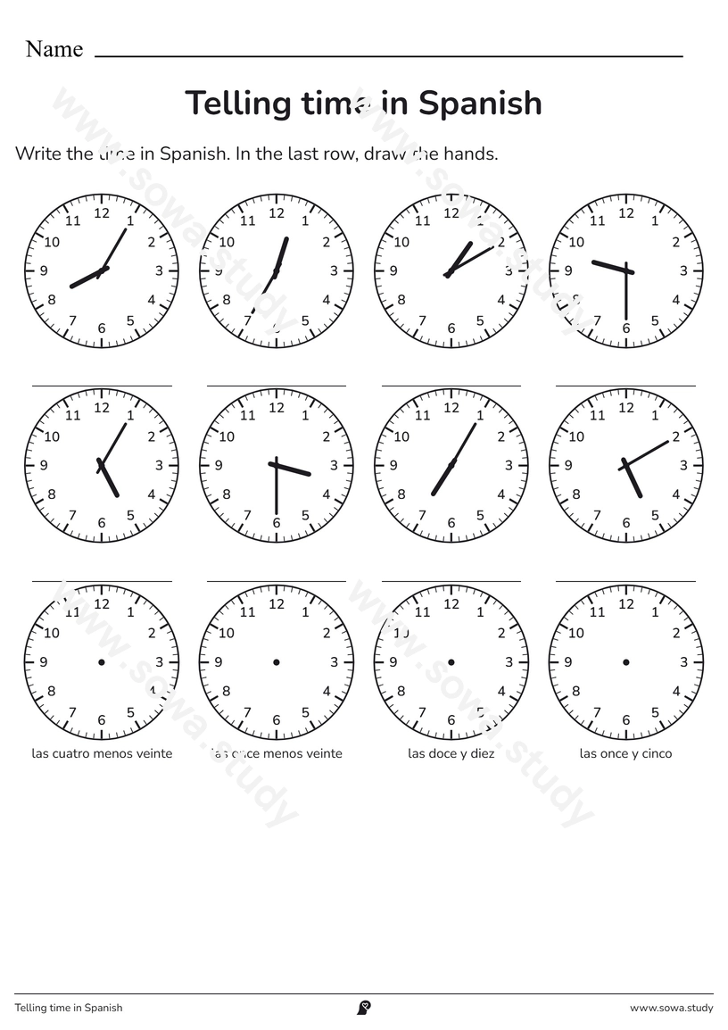 Telling time in Spanish – free printable worksheet