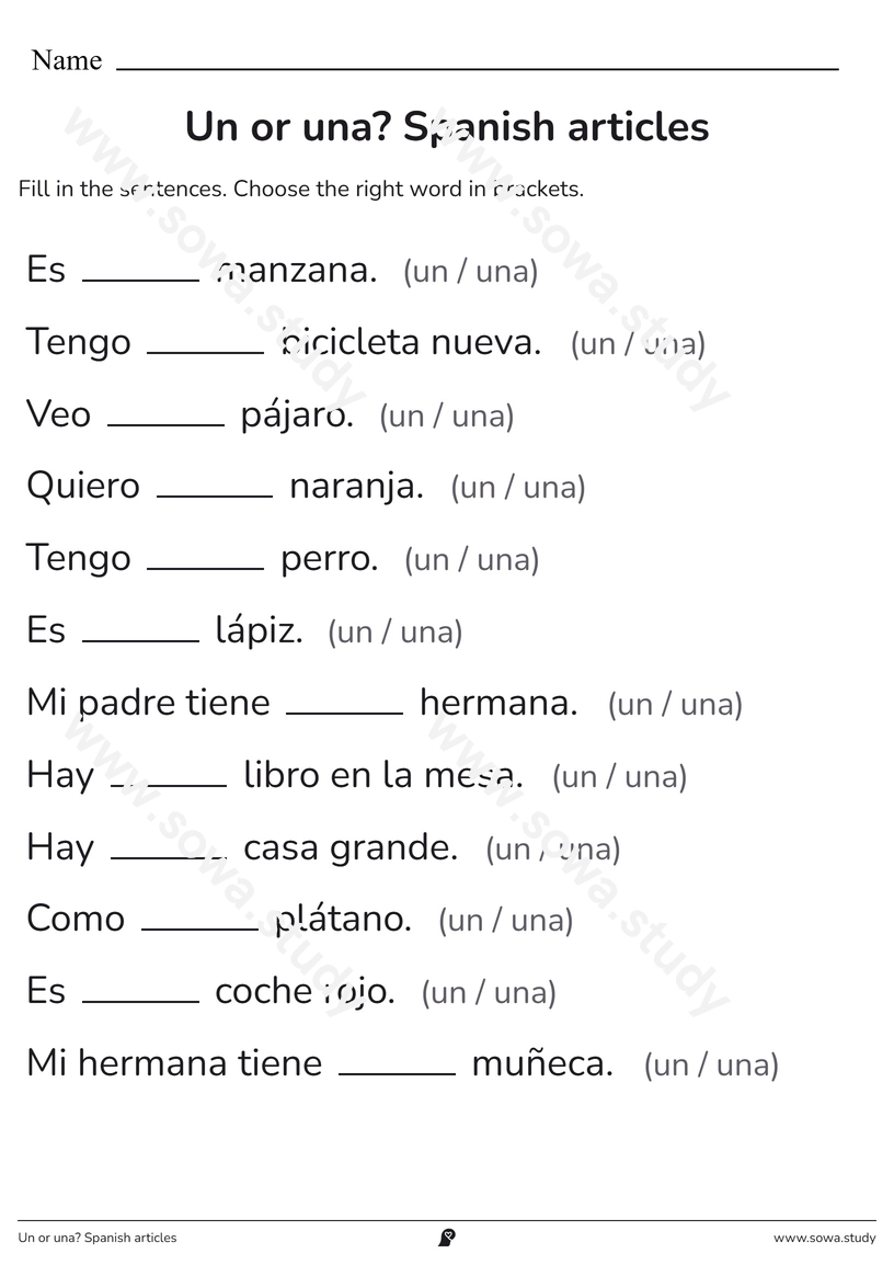 Un or una? Spanish articles – printable worksheet