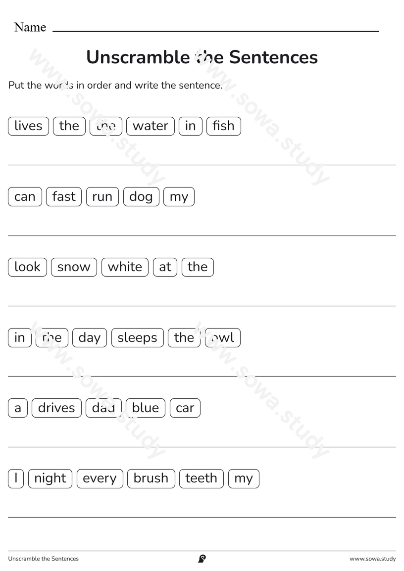 Unscramble the Sentences – free printable worksheet