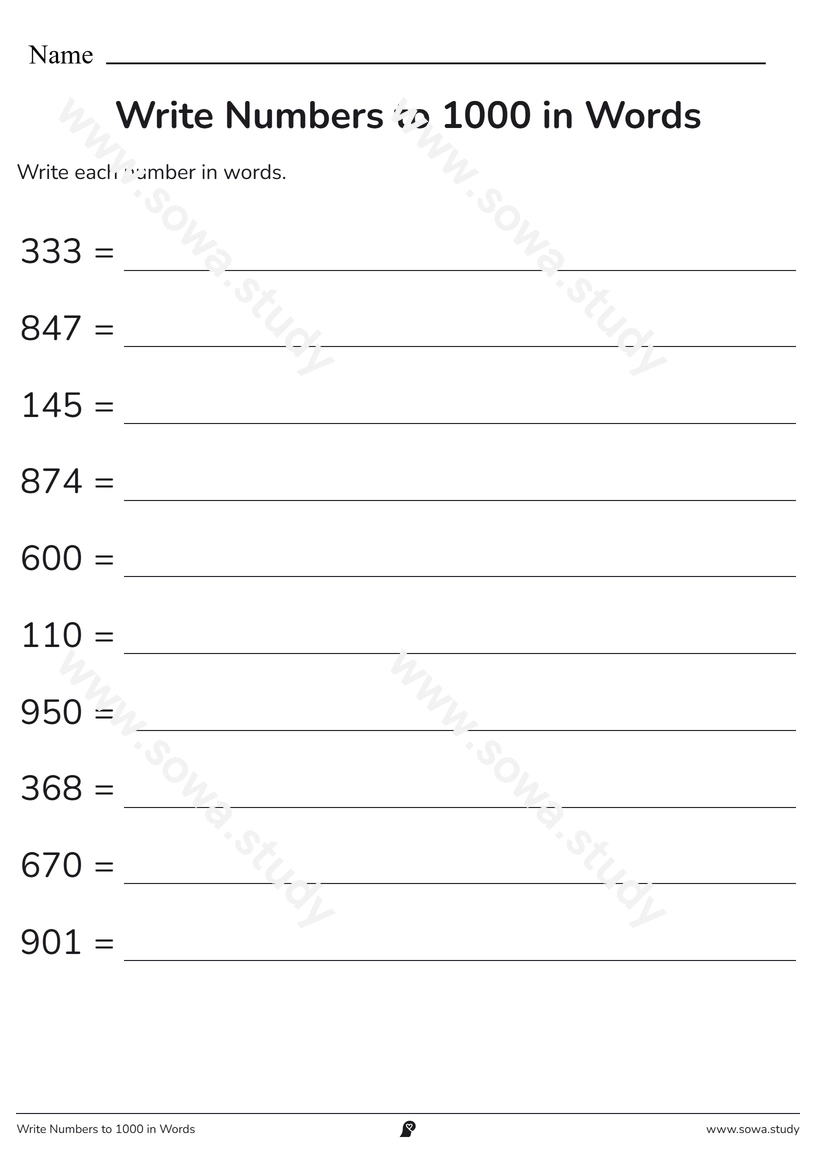 Write Numbers to 1000 in Words – free printable worksheet