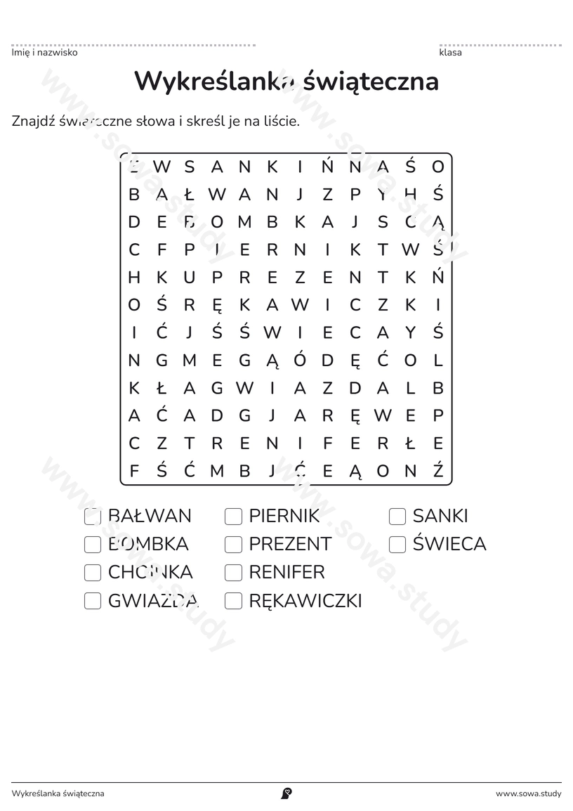 Wykreślanka świąteczna – karta pracy do druku