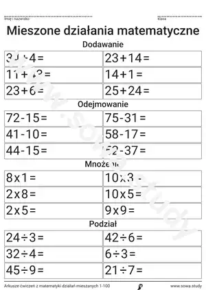 Arkusze ćwiczeń z matematyki działań mieszanych 1-100