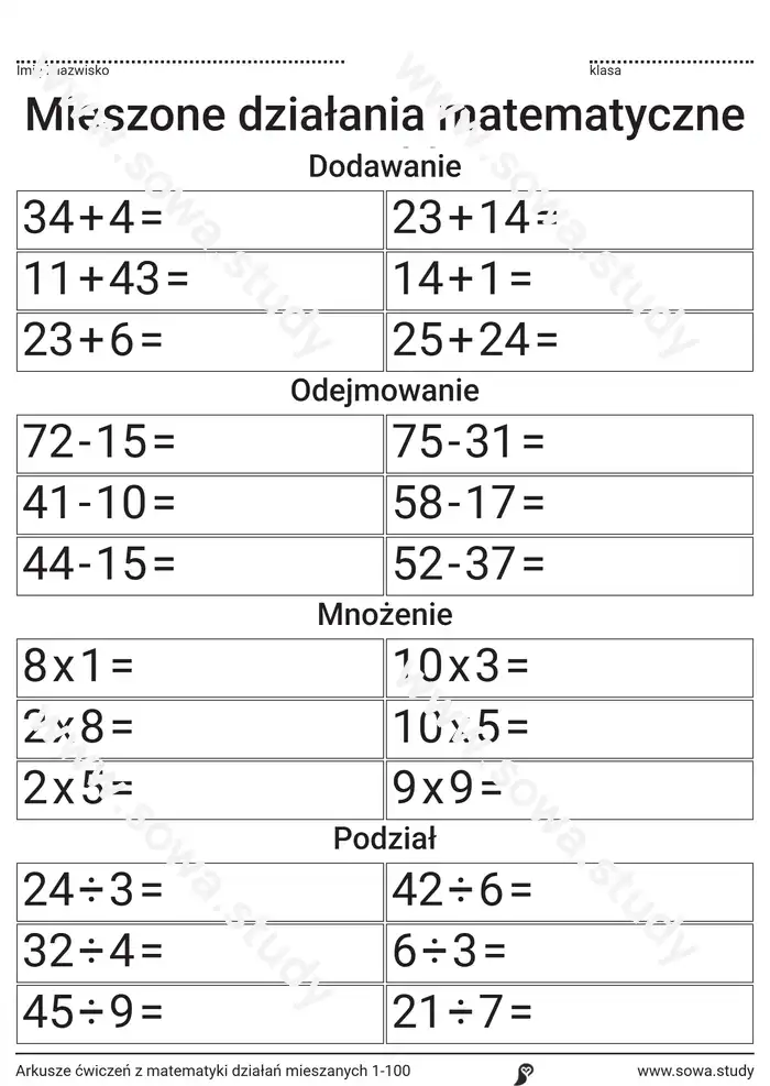 Arkusze ćwiczeń z matematyki działań mieszanych 1-100 Arkusze ćwiczeń z matematyki działań mieszanych 1-100 worksheet