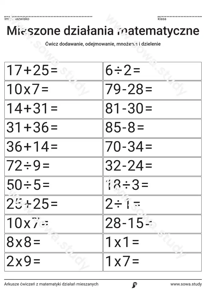 Arkusze ćwiczeń z matematyki działań mieszanych Arkusze ćwiczeń z matematyki działań mieszanych worksheet