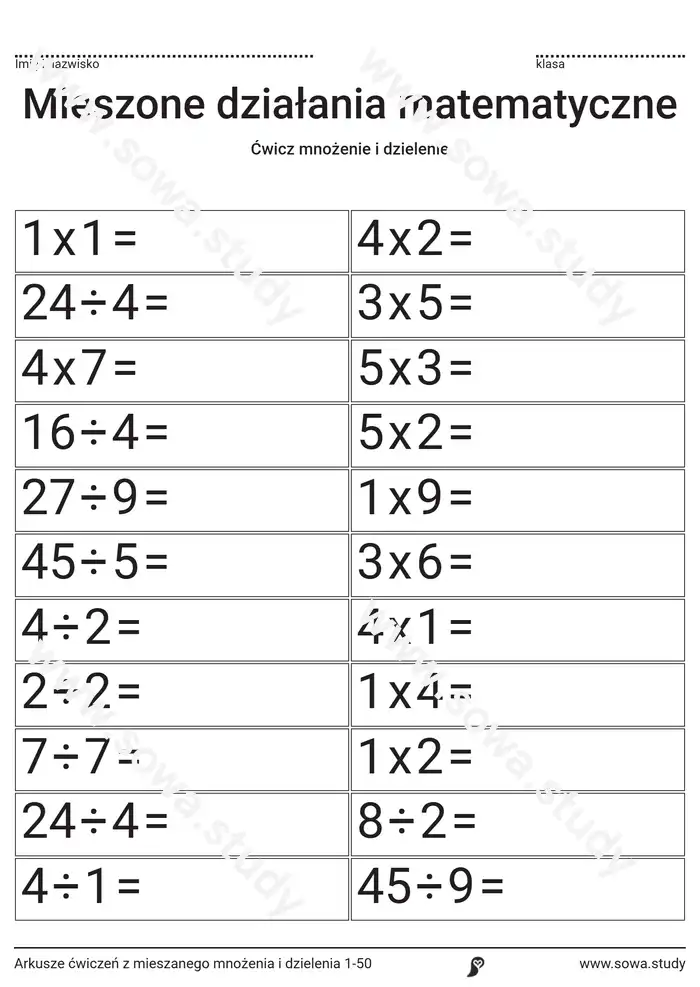 Arkusze ćwiczeń z mieszanego mnożenia i dzielenia 1-50 Arkusze ćwiczeń z mieszanego mnożenia i dzielenia 1-50 worksheet