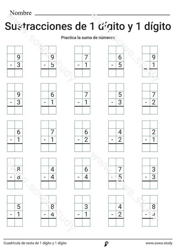 Cuadrícula de resta de 1 dígito y 1 dígito Cuadrícula de resta de 1 dígito y 1 dígito worksheet