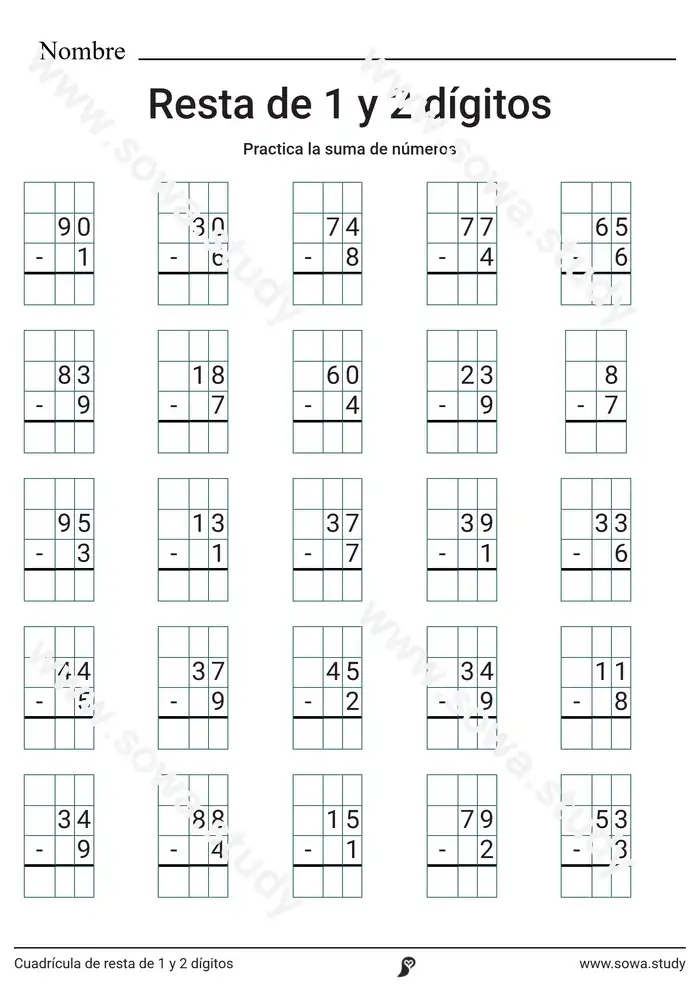 Cuadrícula de resta de 1 y 2 dígitos Cuadrícula de resta de 1 y 2 dígitos worksheet