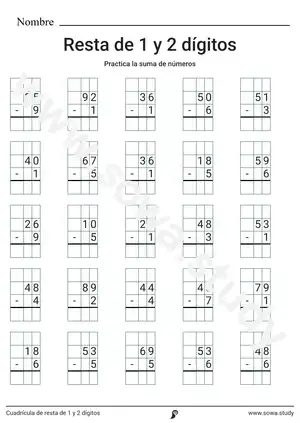 Cuadrícula de resta de 1 y 2 dígitos