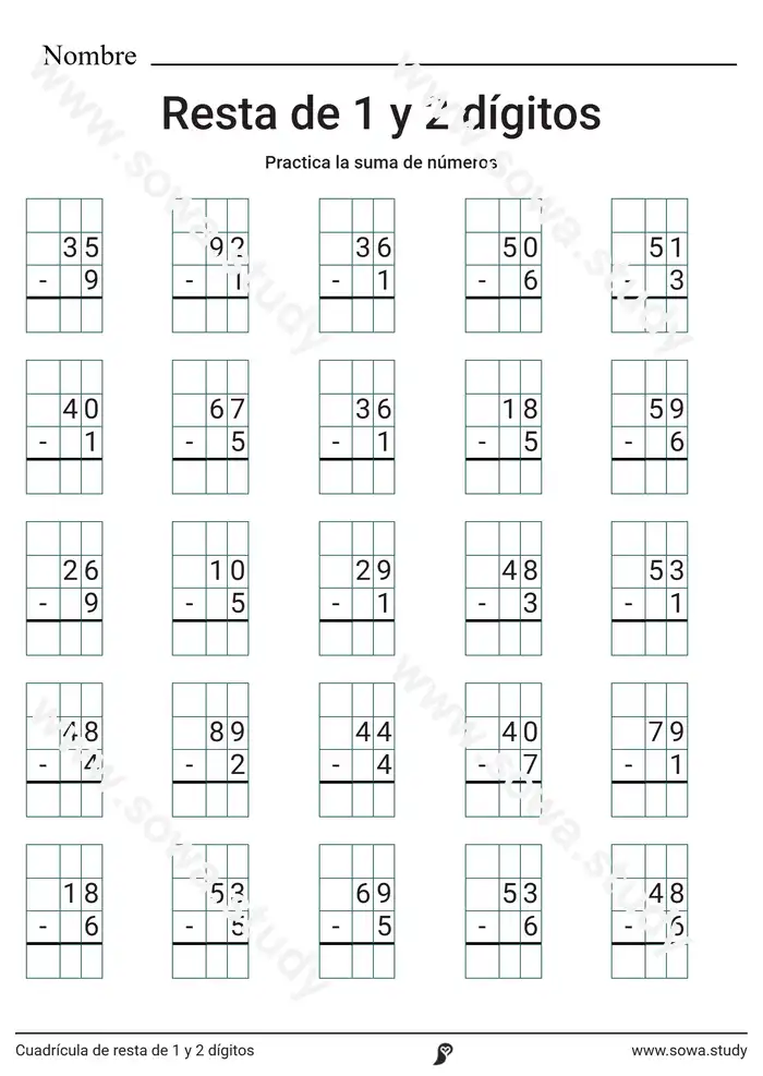 Cuadrícula de resta de 1 y 2 dígitos Cuadrícula de resta de 1 y 2 dígitos worksheet