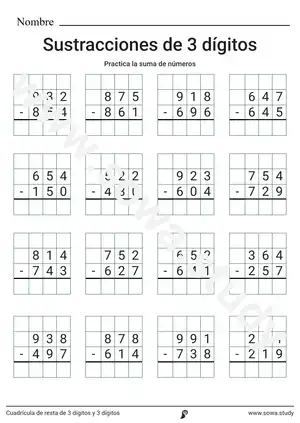 Cuadrícula de resta de 3 dígitos y 3 dígitos