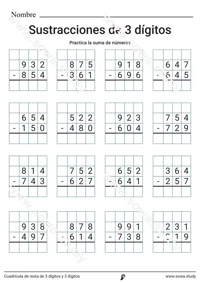 Cuadrícula de resta de 3 dígitos y 3 dígitos Cuadrícula de resta de 3 dígitos y 3 dígitos worksheet
