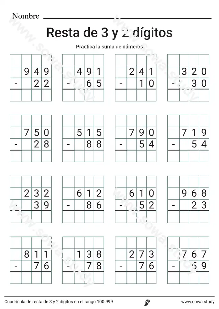 Cuadrícula de resta de 3 y 2 dígitos en el rango 100-999 worksheet