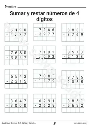 Cuadrícula de resta de 4 dígitos y 4 dígitos