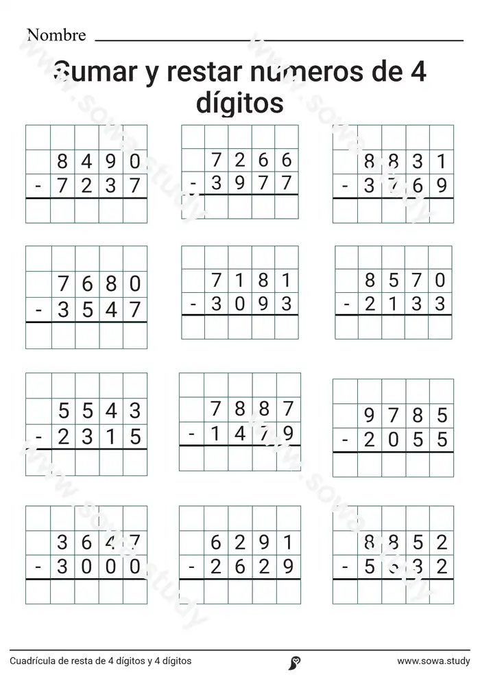 Cuadrícula de resta de 4 dígitos y 4 dígitos Cuadrícula de resta de 4 dígitos y 4 dígitos worksheet