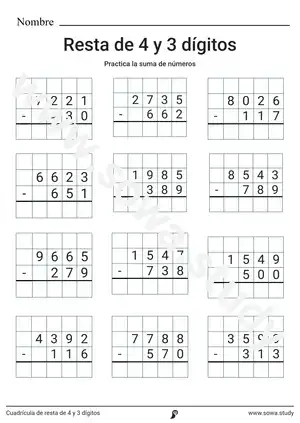 Cuadrícula de resta de 4 y 3 dígitos