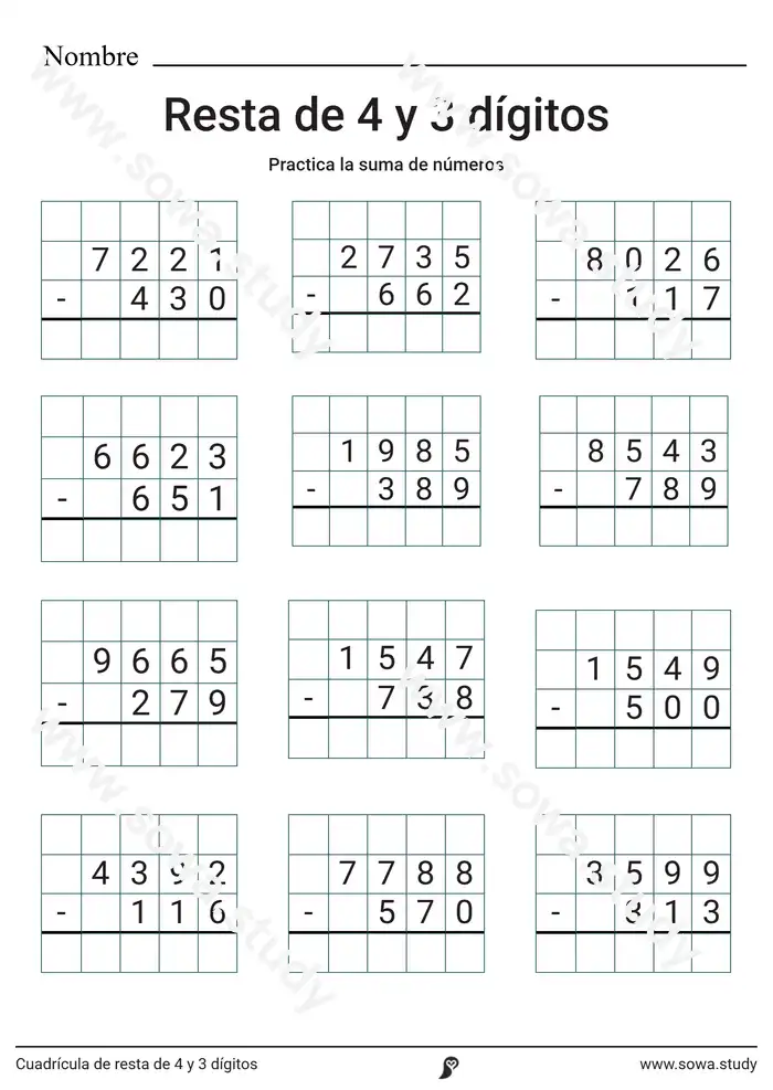 Cuadrícula de resta de 4 y 3 dígitos Cuadrícula de resta de 4 y 3 dígitos worksheet