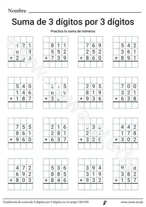 Cuadrícula de suma de 3 dígitos por 3 dígitos en el rango 100-999