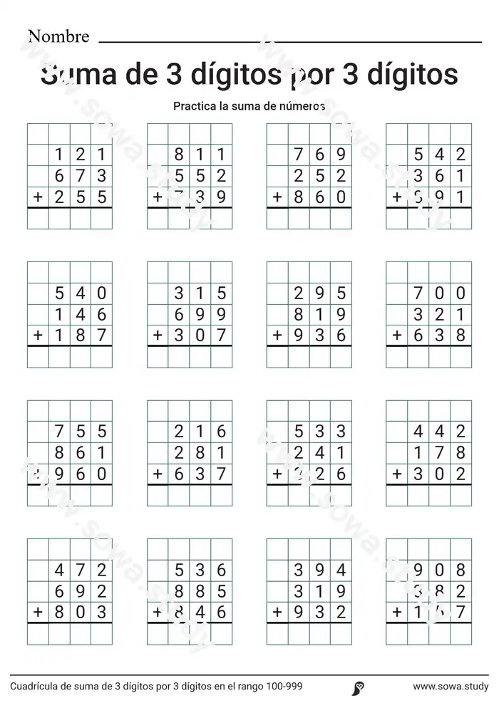 Cuadrícula de suma de 3 dígitos por 3 dígitos en el rango 100-999 Cuadrícula de suma de 3 dígitos por 3 dígitos en el rango 100-999 worksheet