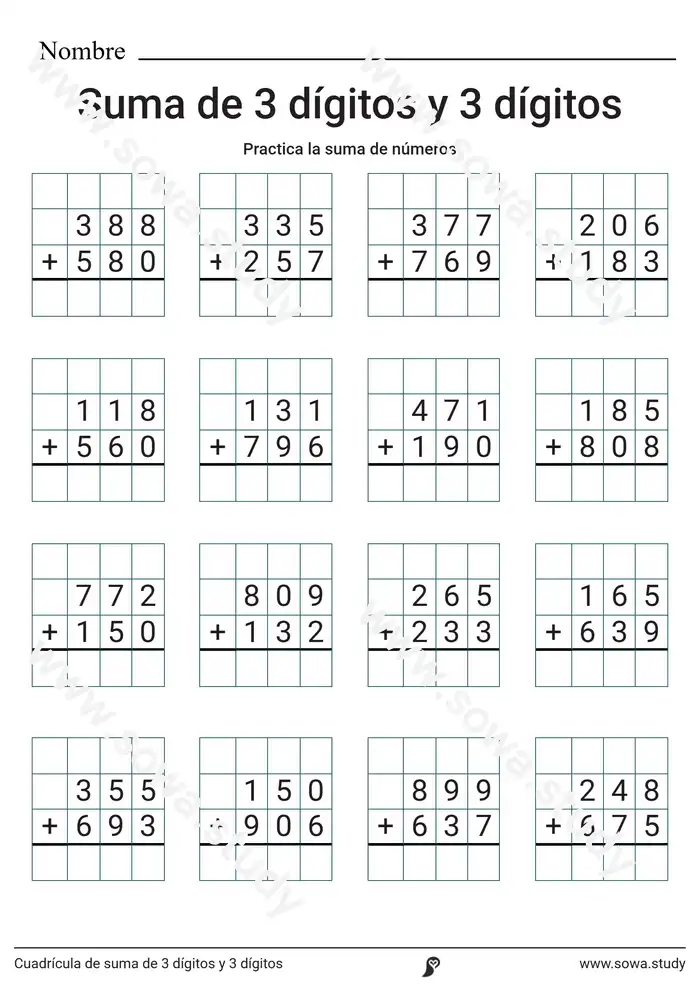 Cuadrícula de suma de 3 dígitos y 3 dígitos Cuadrícula de suma de 3 dígitos y 3 dígitos worksheet