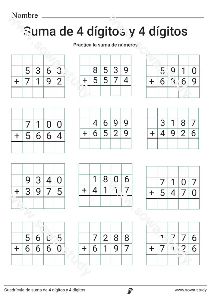 Cuadrícula de suma de 4 dígitos y 4 dígitos worksheet