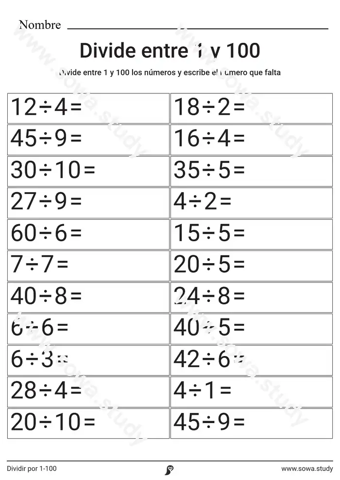 Dividir por 1-100 Dividir por 1-100 worksheet