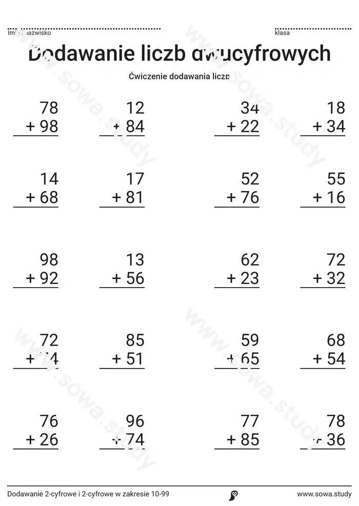 Dodawanie 2-cyfrowe i 2-cyfrowe w zakresie 10-99 Dodawanie 2-cyfrowe i 2-cyfrowe w zakresie 10-99 worksheet