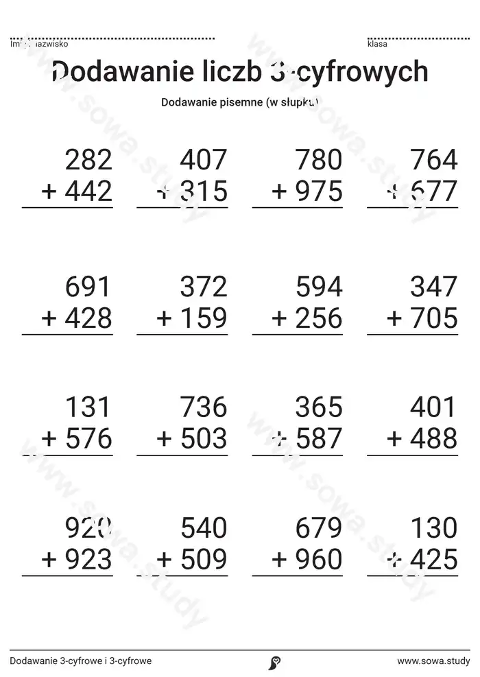 Dodawanie 3-cyfrowe i 3-cyfrowe Dodawanie 3-cyfrowe i 3-cyfrowe worksheet