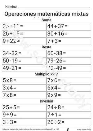 Hojas de trabajo de matemáticas de operaciones mixtas del 1 al 100