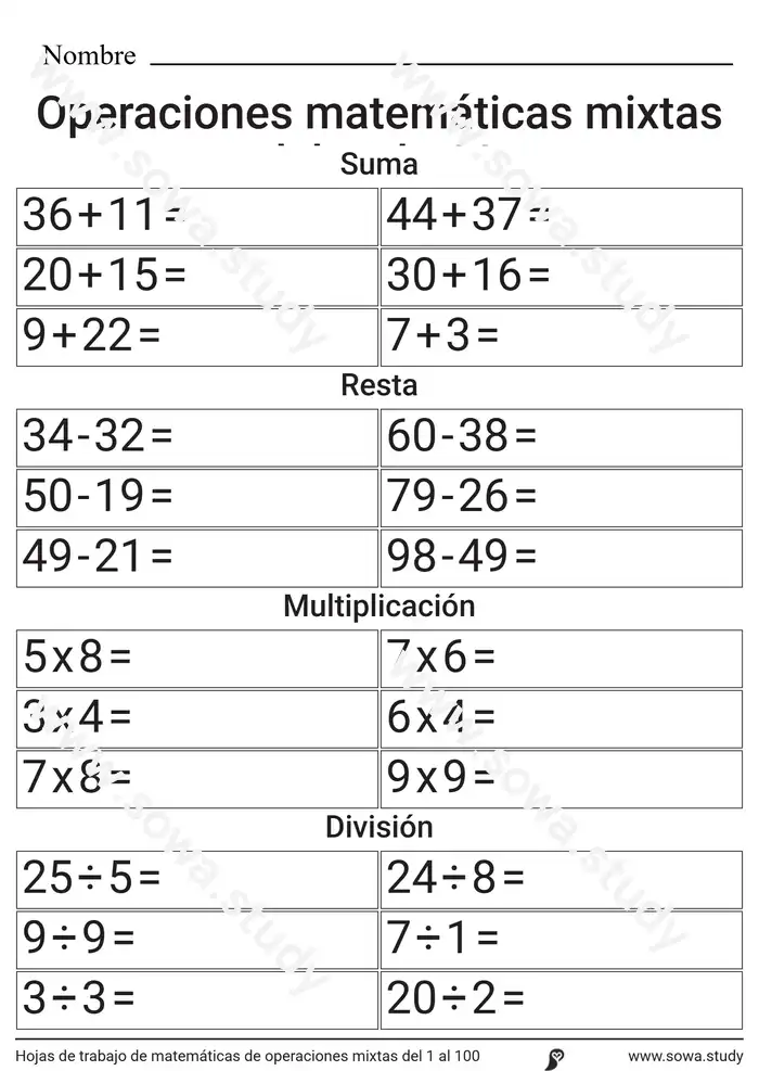 Hojas de trabajo de matemáticas de operaciones mixtas del 1 al 100 Hojas de trabajo de matemáticas de operaciones mixtas del 1 al 100 worksheet