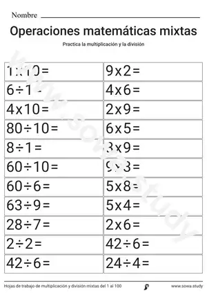 Hojas de trabajo de multiplicación y división mixtas del 1 al 100