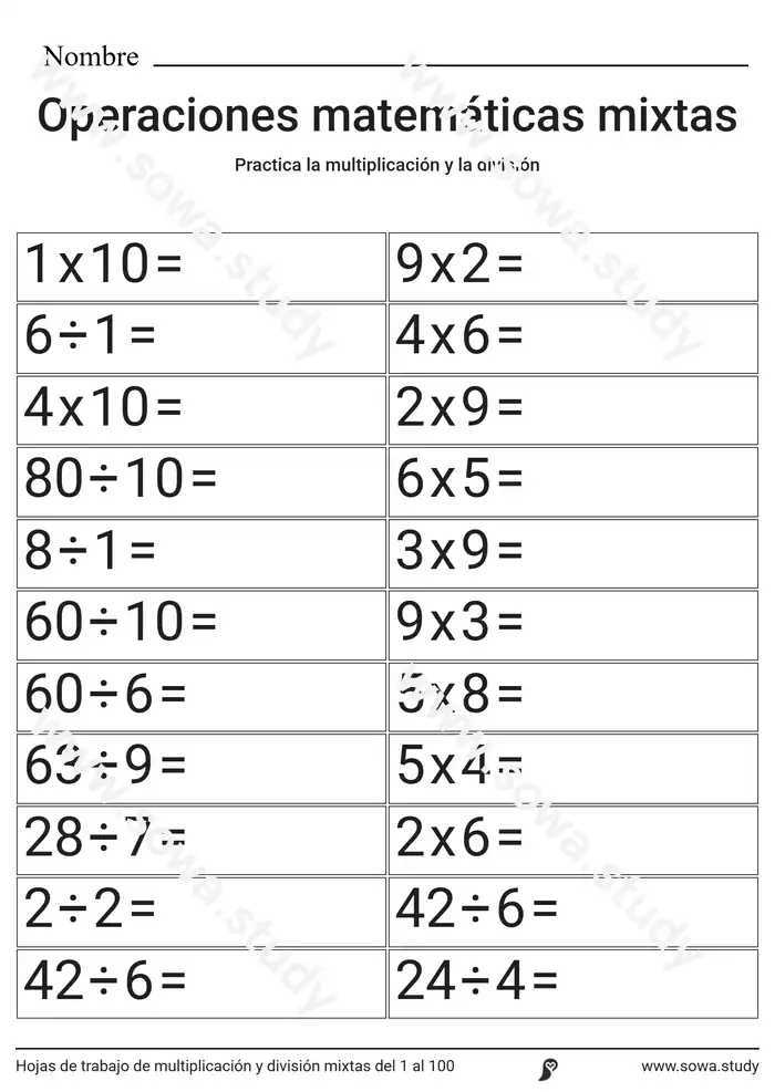 Hojas de trabajo de multiplicación y división mixtas del 1 al 100 Hojas de trabajo de multiplicación y división mixtas del 1 al 100 worksheet