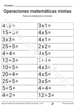 Hojas de trabajo de multiplicación y división mixtas del 1 al 25
