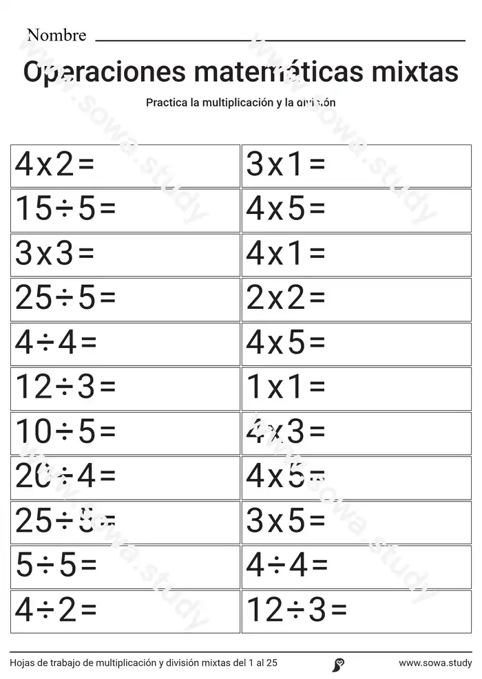 Hojas de trabajo de multiplicación y división mixtas del 1 al 25 Hojas de trabajo de multiplicación y división mixtas del 1 al 25 worksheet