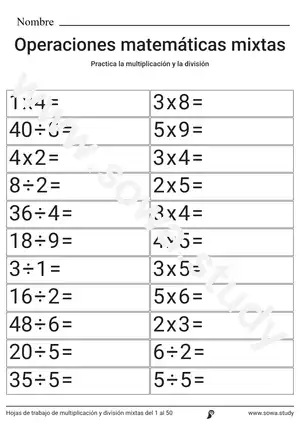 Hojas de trabajo de multiplicación y división mixtas del 1 al 50